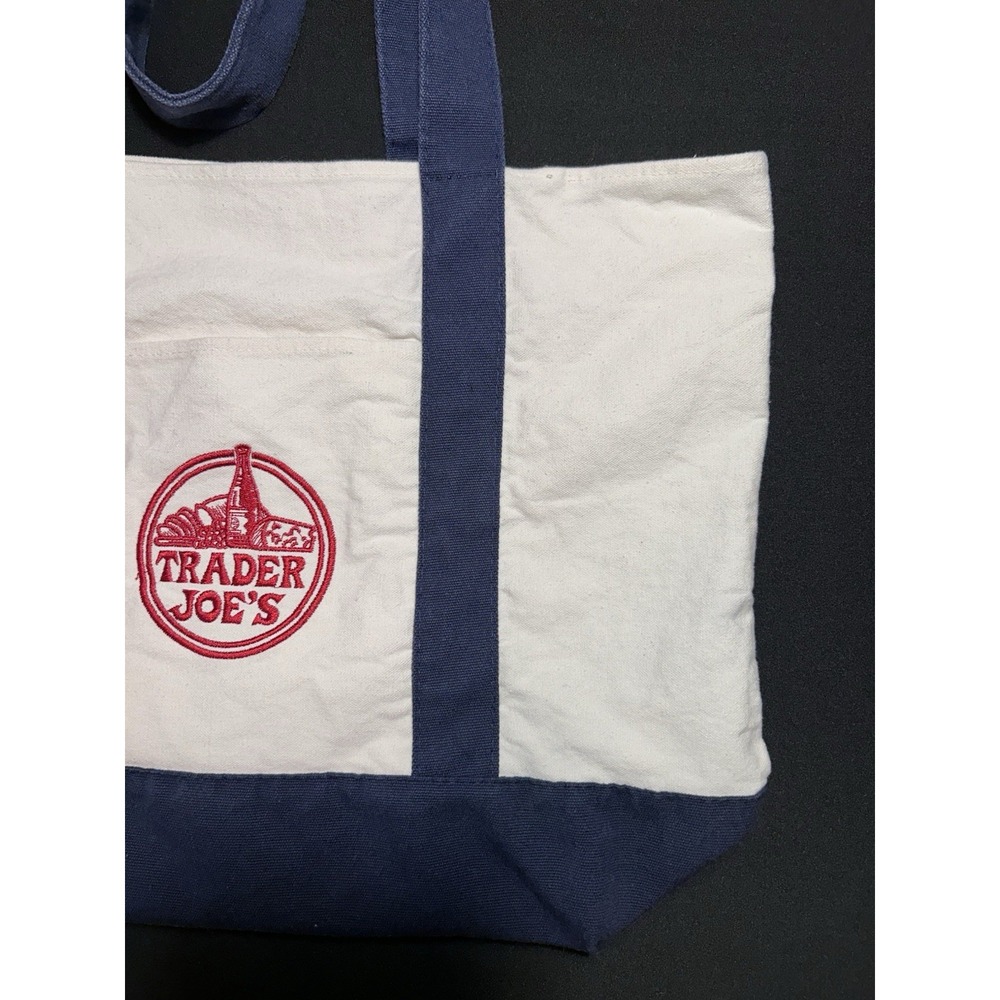 Trader Joe's Large Canvas Tote Bag Red White Blue Logo Classic Grocery Bag - Picture 4 of 9